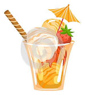 Colorful ice cream sundae in glass cup with strawberry topping, wafer stick, umbrella. Summer dessert, sweet treat