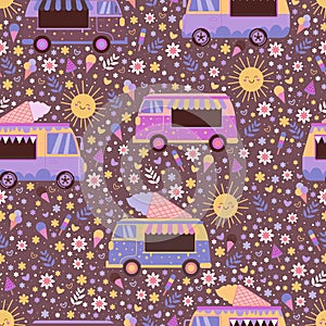 Colorful ice cream trucks seamless pattern, with cute smiling suns, flowers, hearts and ice cream.