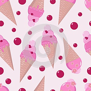 Colorful ice cream waffle cones with berries. Summer background