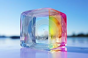 Colorful ice cube with reflection on water surface