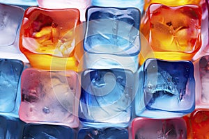Colorful ice cubes with reflection on water surface