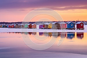 colorful ice fishing shanties lined up on frozen lake photo