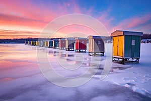 colorful ice fishing shanties lined up on frozen lake photo