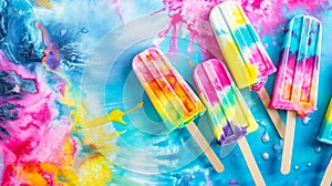 Colorful ice pops on a vibrant, swirling blue and pink background, evoking a playful and refreshing summer vibe