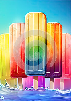 Colorful ice popsicles on color background. Summer icecream on wood stick