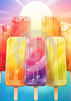 Colorful ice popsicles on color background. Summer icecream on wood stick