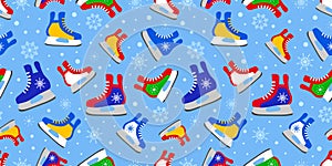 Colorful ice skates seamless pattern. Winter activitiy template wallpaper. Cute childish print. Sports vector illustration. Colore