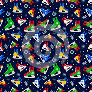 Colorful ice skates seamless pattern. Winter sports vector illustration. Colored ice skates on a dark background