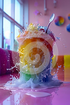 Colorful Iced Beverage Splash in Glass with Spoon on Table with Vivid Rainbow Hues Background in Cafe Setting