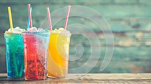 Colorful Iced Slush Drinks on Rustic Wooden Background