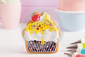 Colorful icing cookies in cupcake shape