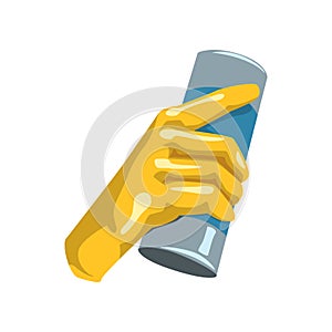 Colorful icon of human hand in protective glove holding bottle with cleaning powder for kitchen or bathroom. Household