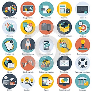 Colorful icon set for business, management, technology, finances and e-commerce. Flat objects for websites and mobile apps