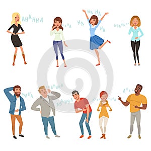 Colorful icon set with loudly laughing people at funny joke. Cartoon men and women characters in casual clothes. Hahaha