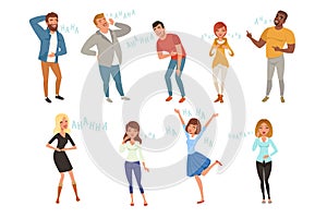 Colorful icon set with loudly laughing people at funny joke. Cartoon men and women characters in casual clothes. Hahaha