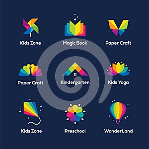 Colorful icons and logo set on dark blue background.