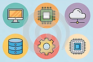 Colorful Icons Representing Computer Hardware Software and Cloud Computing AI generated.
