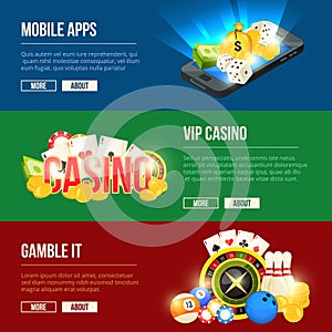 Colorful icons set of different casino entertainments. Vector banners set with place for your text