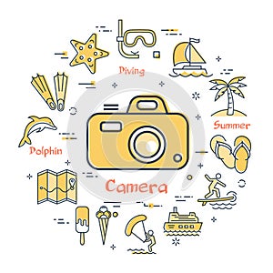 Colorful icons in summer holidays - photographic camera
