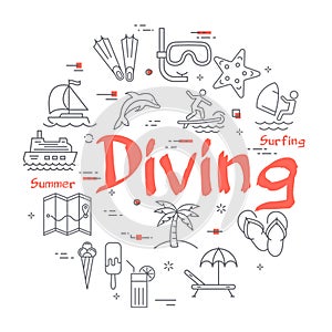 Colorful icons in under water diving line banner