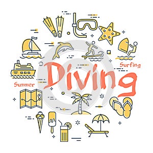 Colorful icons in under water diving theme