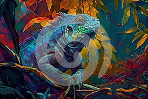 Colorful iguana in the fantasy rain forest, ai illustration