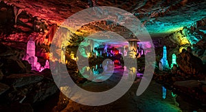 Colorful Illuminated Cave with Stalactites and Stalagmites Reflection