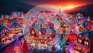 Colorful, illuminated Christmas village at twilight with snow.Generative AI
