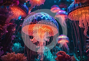 Colorful illuminated jellyfish in a tank at nighttime, AI-generated.