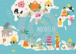 Colorful illustrated cartoon map of Indonesia with animals, famous places, symbols