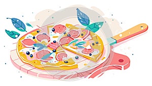 Colorful Illustrated Pizza with Toppings on a Cutting Board