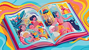 Colorful Illustrated Storybook with Family Scenes and Nature Imagery photo
