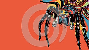 Colorful Illustrated Tarantula on Orange Background - Arachnid Art Concept photo