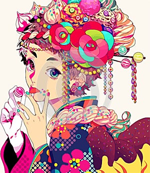 A colorful illustration of an anime girl made of sweets