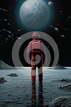 colorful illustration of astronaut in space suit and helmet exploring alien planet with mountains and stars and moons on