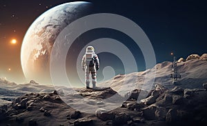 colorful illustration of astronaut in space suit and helmet exploring alien planet with mountains and stars and moons on