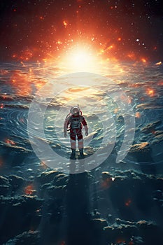 colorful illustration of astronaut in space suit and helmet exploring alien planet with mountains and stars and moons on