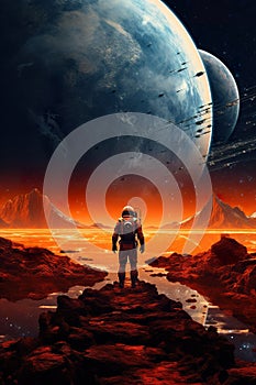 colorful illustration of astronaut in space suit and helmet exploring alien planet with mountains and stars and moons on