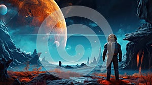 colorful illustration of astronaut in space suit and helmet exploring alien planet with mountains and stars and moons on