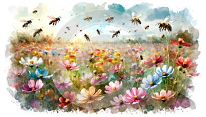 Colorful Illustration of Bees Pollinating a Flower Meadow