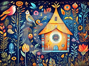 Colorful illustration of a birdhouse on the background of birds, flowers in the nature