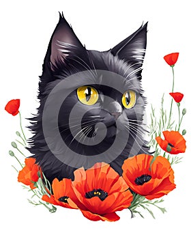 colorful illustration of a black cat with poppies