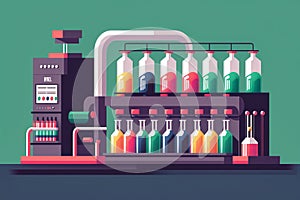 Colorful illustration of a bottling plant with bottles being filled with carbonated drinks