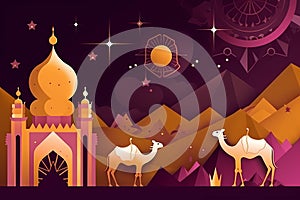 A colorful illustration of camels and a mosque with a star on the top. AI generation photo