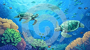 A colorful illustration capturing the dynamic and rich underwater world, with sea turtles swimming among teeming coral