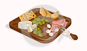 Colorful illustration of cheeses plate with other snacks. Hammon, bread, olives and grape in realistic style. Vector photo
