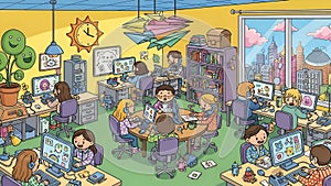 Kids Coding Class Children Learning Computer Skills Illustration