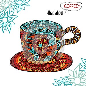 Colorful illustration with a Cup of coffee and floral ornament