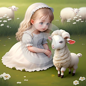 Colorful illustration of cute litle girl lamb - AI generated art