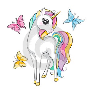 Colorful illustration of cute smilling unicorn.